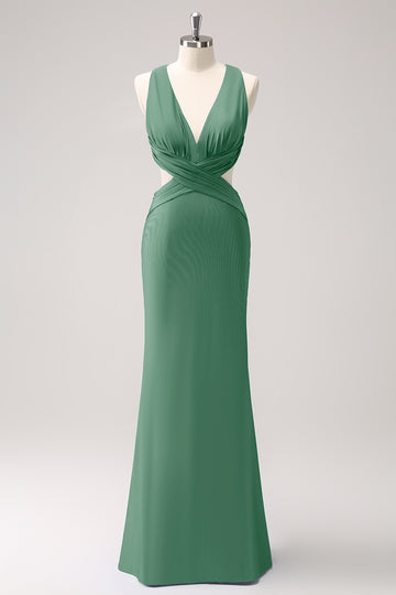 Vestido de dama de honor largo fruncido con cuello en V azul real